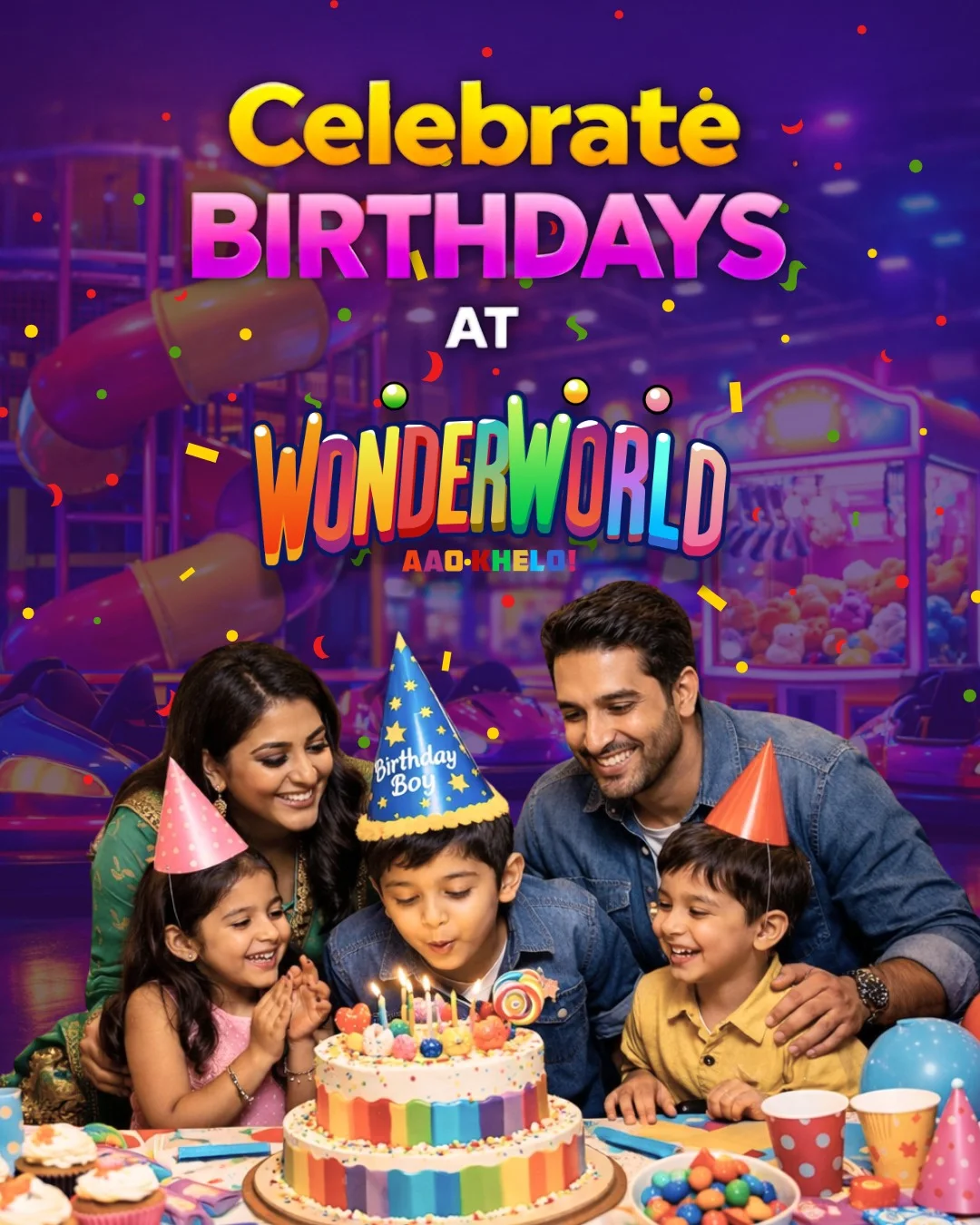 Celebrate birthdays at Wonder World — family around a cake